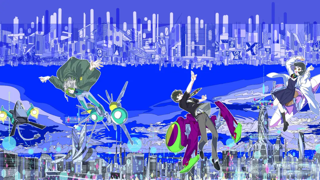 未来都市を背景に、メカに乗ったキャラクターたちが空中を舞う鮮やかなアニメイラスト。