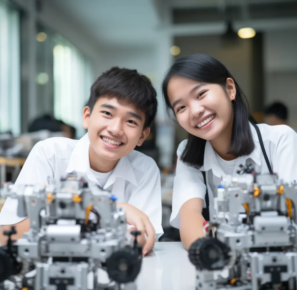 教室でロボットを前に笑顔で並ぶ男女の学生のポートレート。