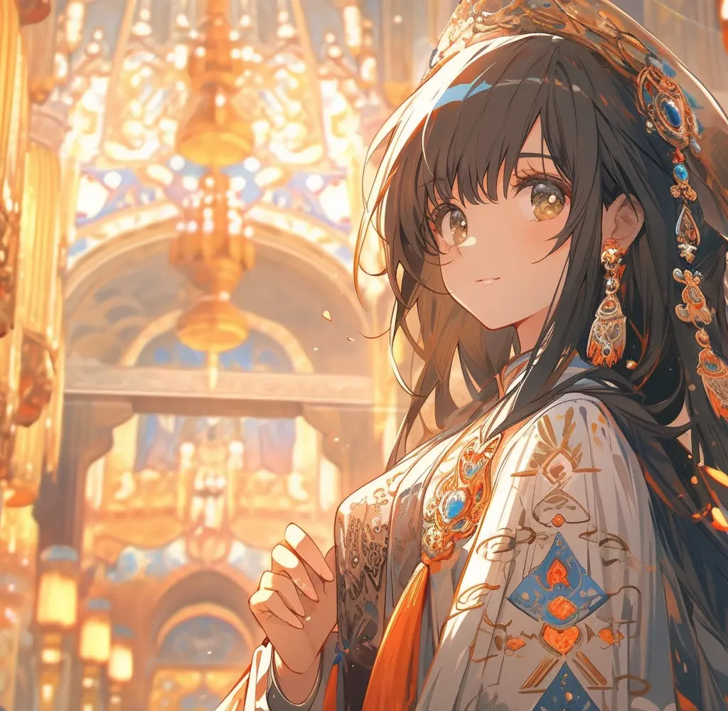 豪華な装飾が施された建物内に立つ、伝統衣装を着たアニメ風の女性。