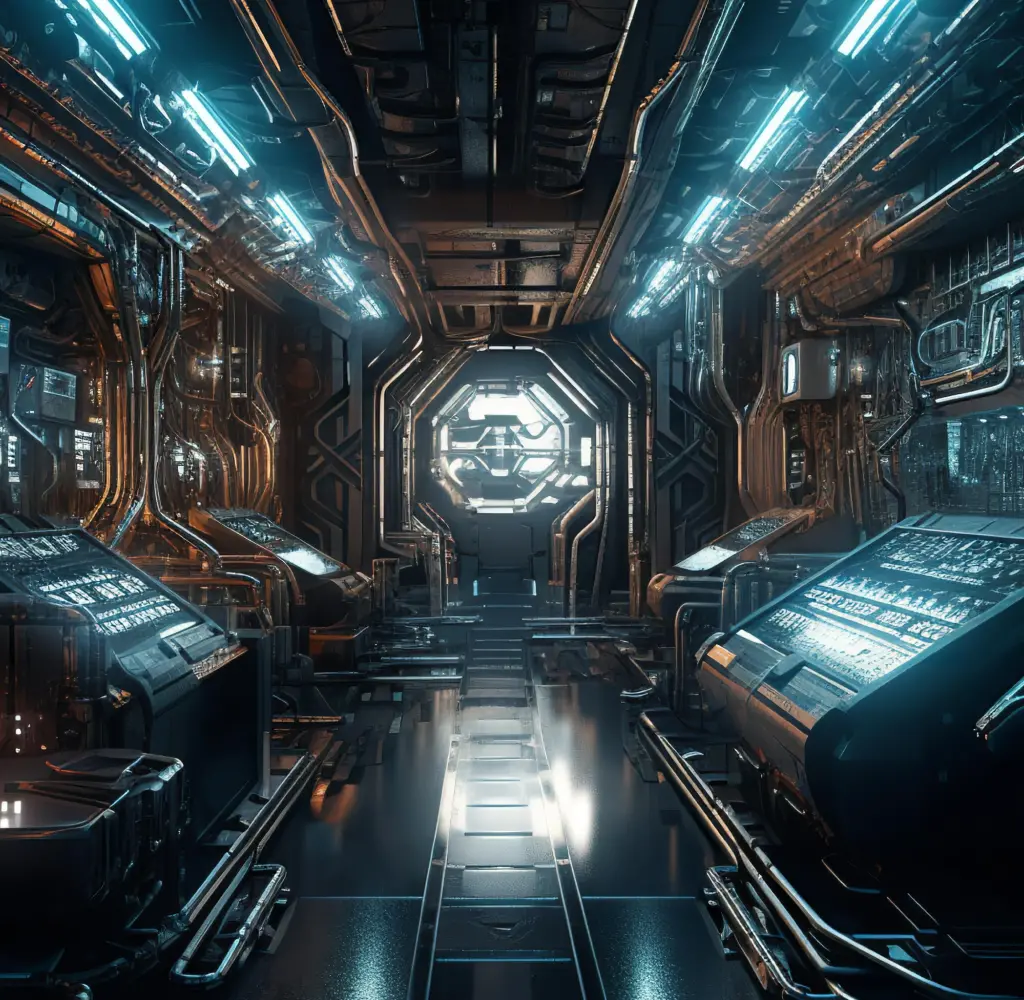 未来的なデザインの宇宙船内や研究施設を思わせるSF風の通路。