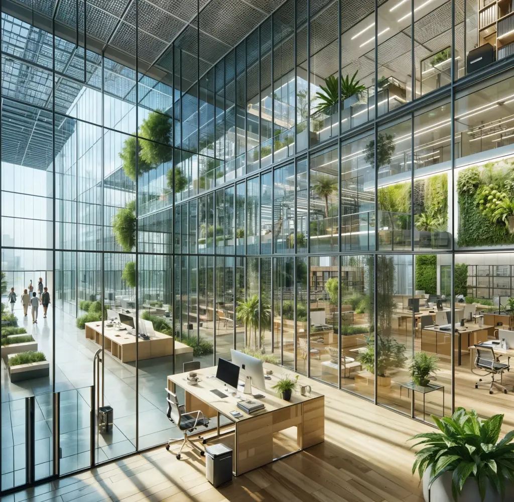 ガラス張りで植物がふんだんに取り入れられたモダンなオフィスビルの内部。