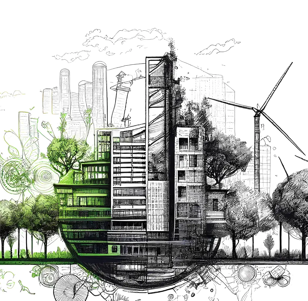 左右で色彩が異なる、都市と自然が融合した建築物のイラスト。