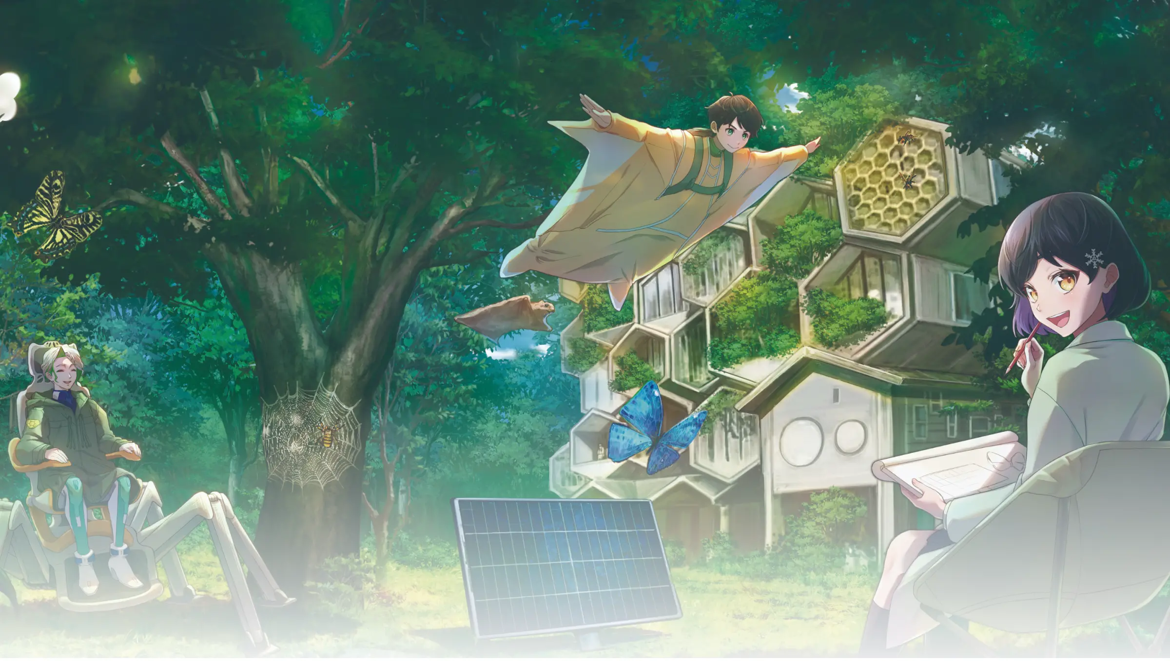 森の中でスケッチをする少女と、空を飛ぶ少年が描かれた自然と共生する未来風の風景。